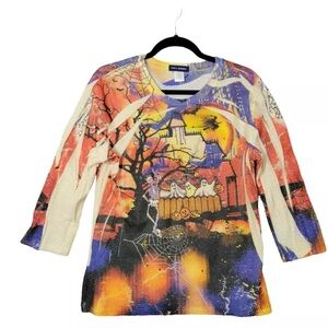 SML SPORT Halloween Skeleton Ghost Rhinestone Bedazzled Top USA SIZE Medium